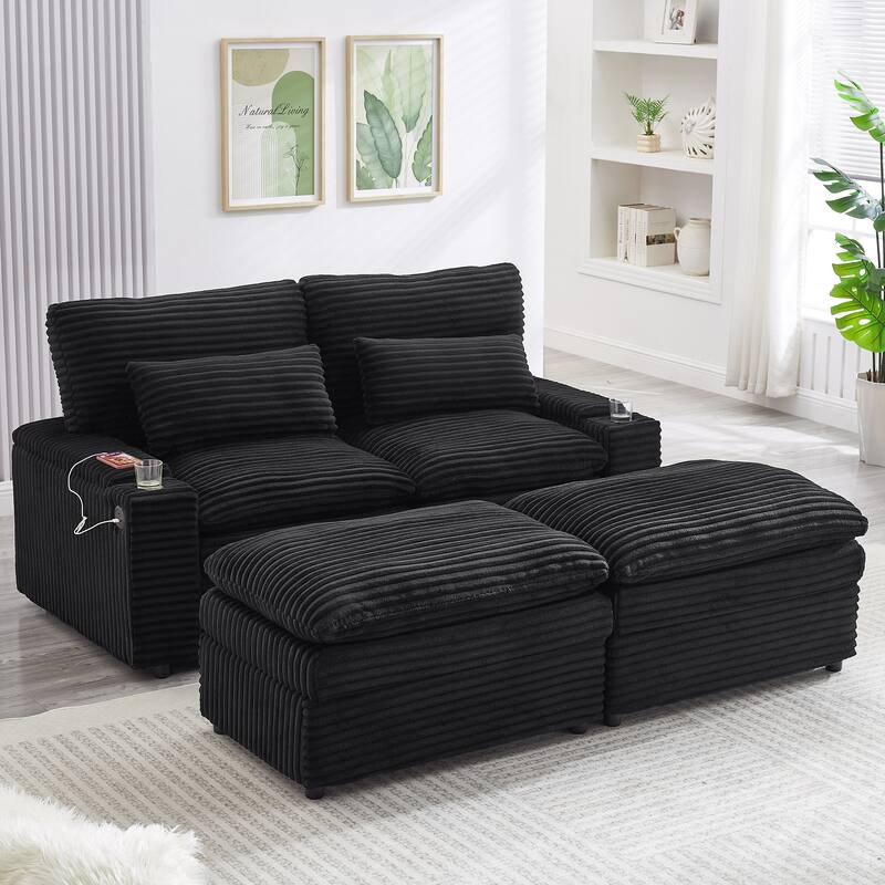 L-Shaped Corduroy Sectional Sofa w/ USB Ports & Cup Holders, 2-seater Sofa Loveseat w/ 2 Ottomans, Convertible Sleeper Sofa Bed