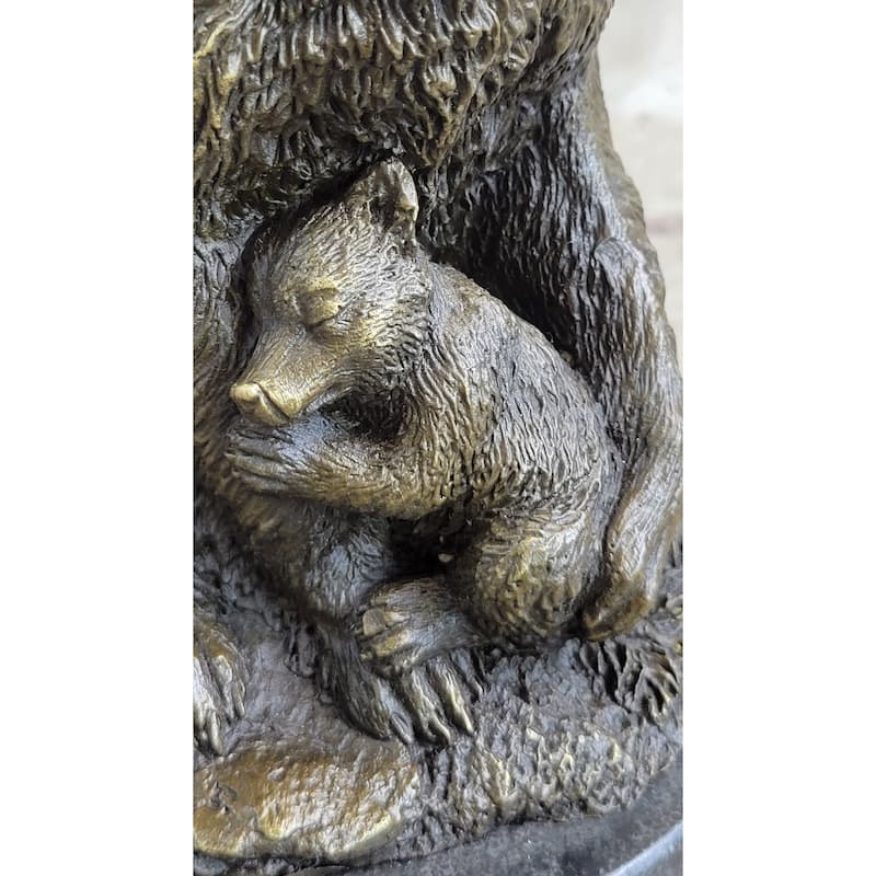 Signed Original Grizzly Bear With Her Two Cubs Bronze Sculpture Statue Figurine