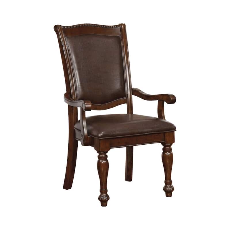 Set of 2 Brown Cherry Wooden Dining Armchairs with Espresso Leatherette Upholstery and Turned Legs
