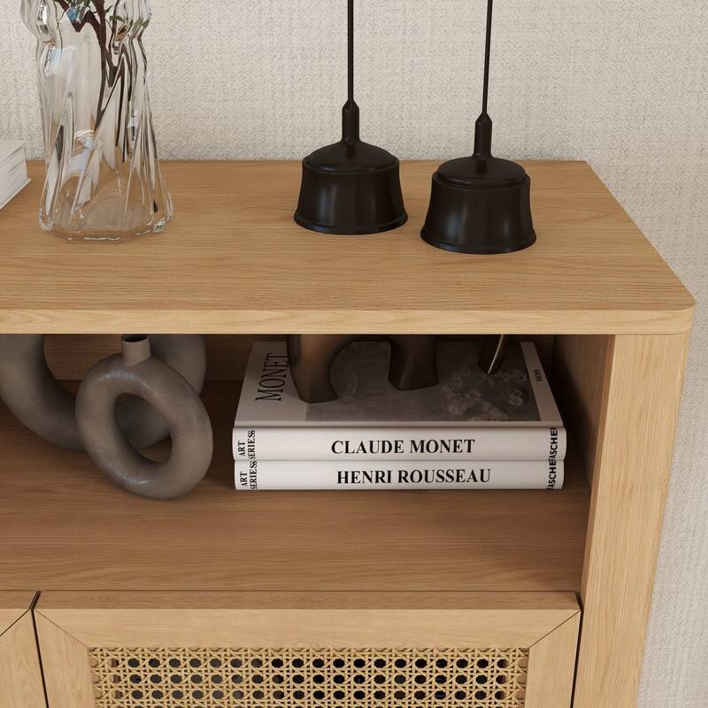 Mid Century Modern 63" Wide 4 - Cane Rattan Door Storage Sideboard with Open Shelf, Wine Bar Credenza for Living Room Entryway