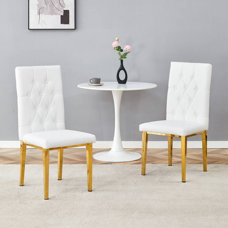 Elegant Armless Dining Chairs – Grid & Buckle Back Design, Blending Vintage Charm with Modern Sophistication‌ - White+Gold - Set of 2