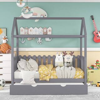 Twin Size Wooden House Bed with Trundle and Fence-Shaped Guardrail