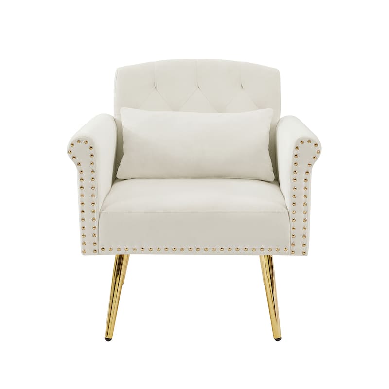 Velvet Upholstered Accent Chair, Tufted Lounge Reading Chair, Single Sofa Armchair with Side Pockets & Metal Legs