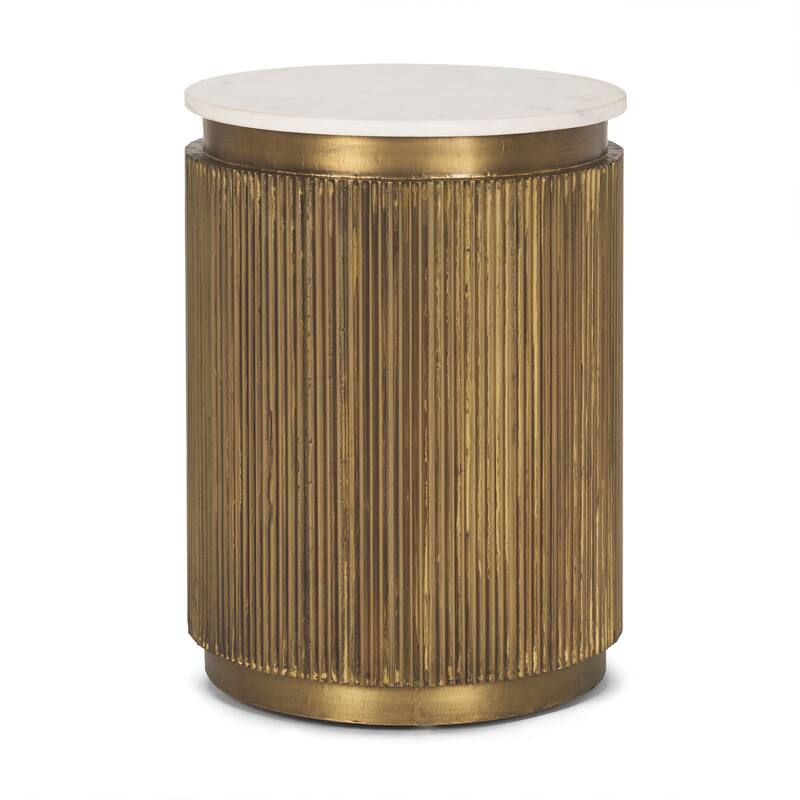 HomeRoots 22" White and Gold Stone and Brass Round Block End Table - 16.00 in. x 22.25 in. x 16.00 in.