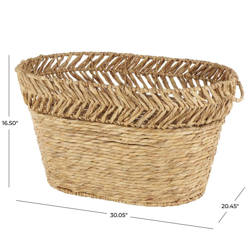 Brown Seagrass Handmade Large Woven Oval Decorative and Functional Storage Basket with Zig Zag Patterned Rim