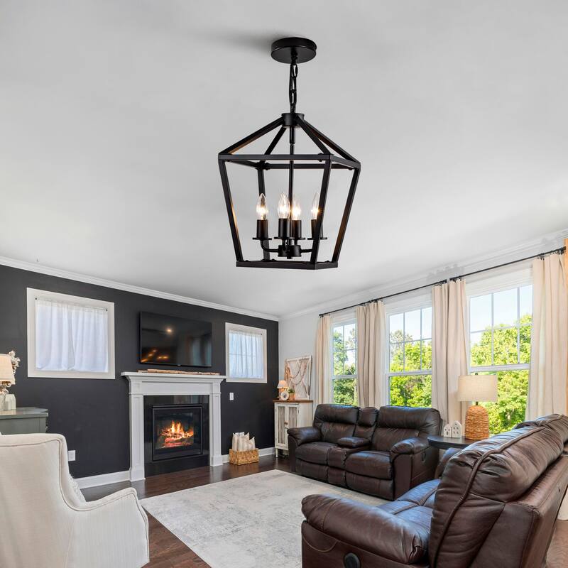 Farmhouse Lantern Chandelier 4-Light with Rustic Open Cage and Adjustable Hanging Height