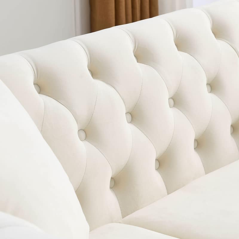 80" Velvet Chesterfield 3-Seater Sofa with Tufted Design, Nailhead Trim, and 2 Pillows