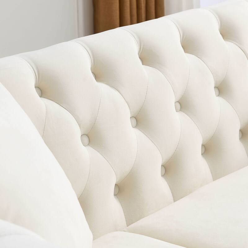 Chesterfield Black Velvet Sofa - 3-Seater Tufted Couch with Rolled Arms and Nailhead Trim, Includes Two Pillows for Living Room
