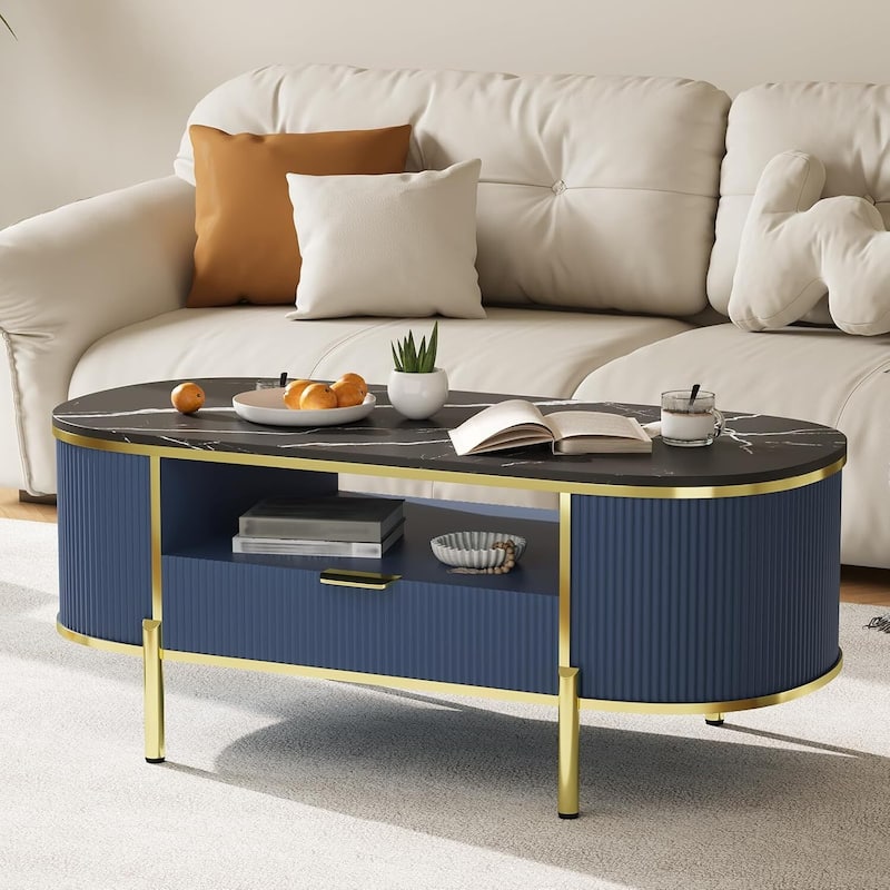 48in Modern Luxury Oval Coffee Table with Drawer for Living Room - N/A - Blue