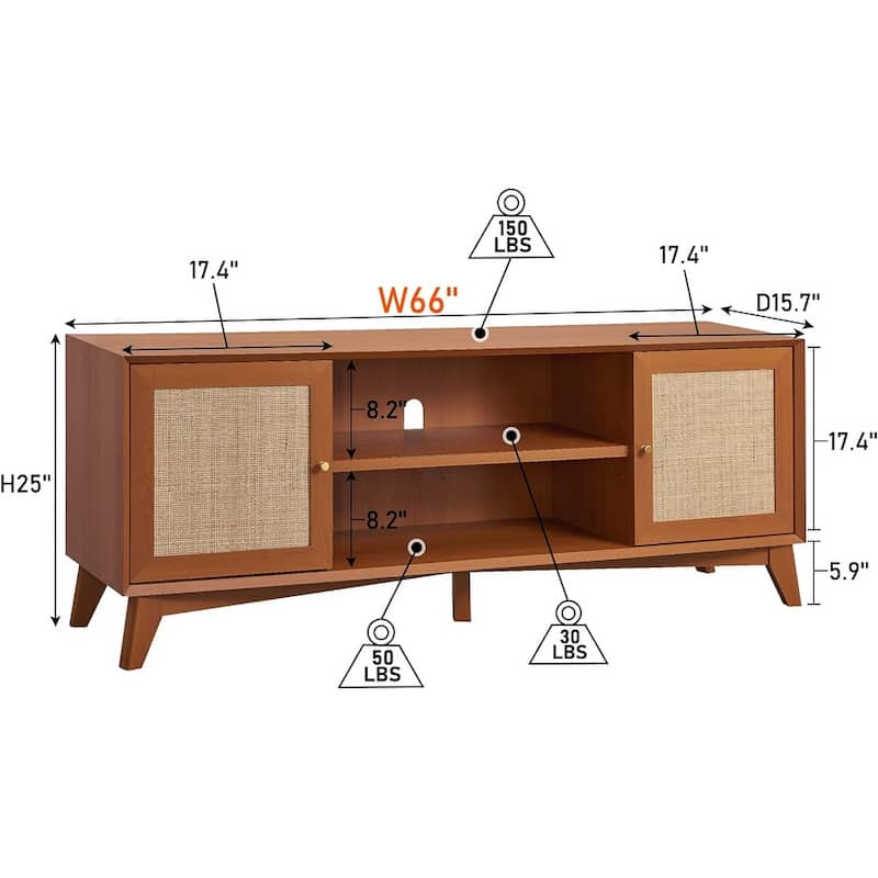 Mid-Century Modern Rattan TV Stand for 75'' TV, Entertainment Center