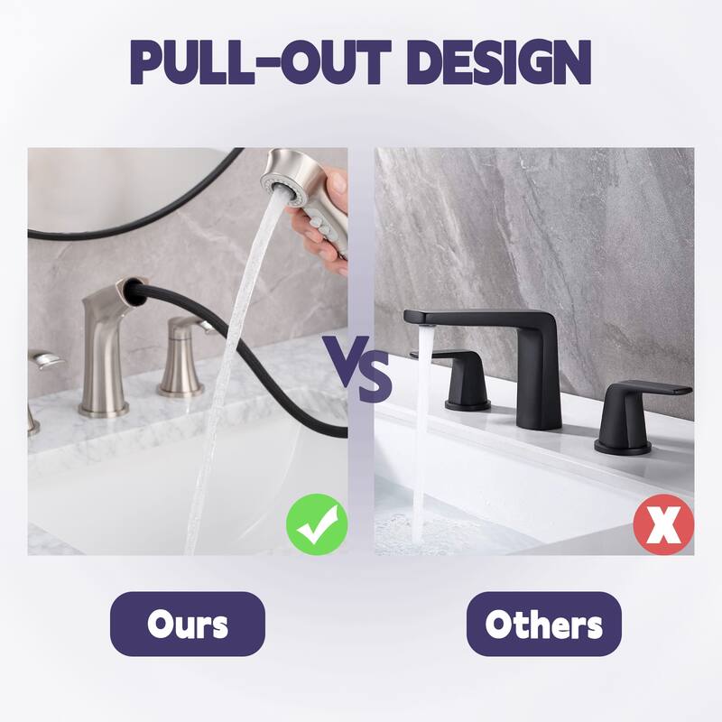 2 Handle Bathroom Sink Faucet with Pull Out Sprayer, Silent Splashback, Rust and Corrosion Resistant, Resists Discoloration
