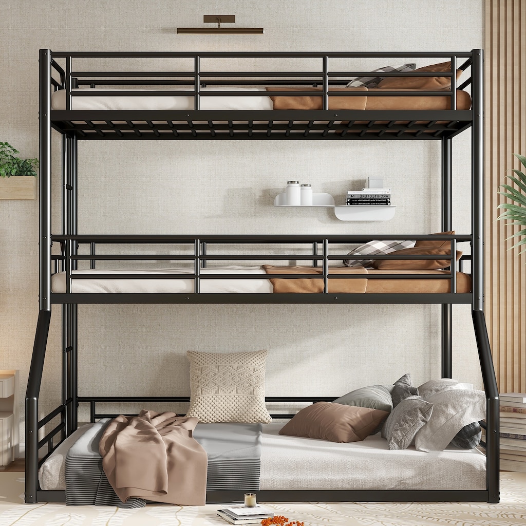 Twin over Twin over Full Triple Bunk Bed - Metal Frame with Safety Guardrails & Noise-Reduced Design