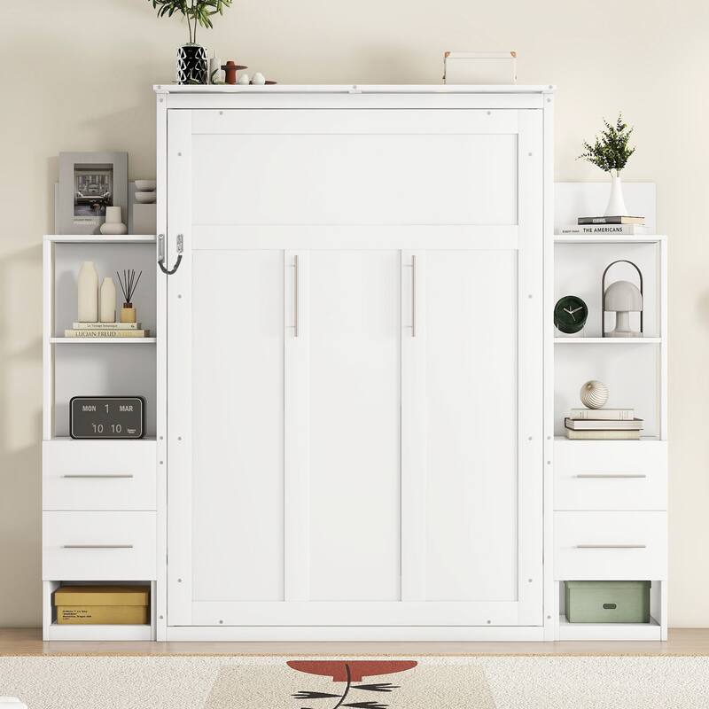 Roomfitters Wall Murphy Bed with Shelves Drawers and LED Lights MDF, White - Full