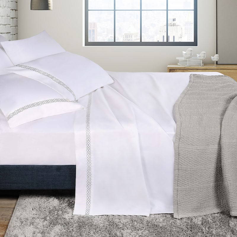 Superior Egyptian Cotton Embroidered Scroll 4 Piece Sheet Set