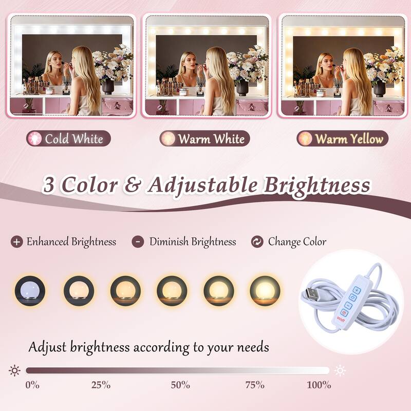 11-Bulb Makeup Vanity with Glass Top, Pink Drawers & Adjustable Lights