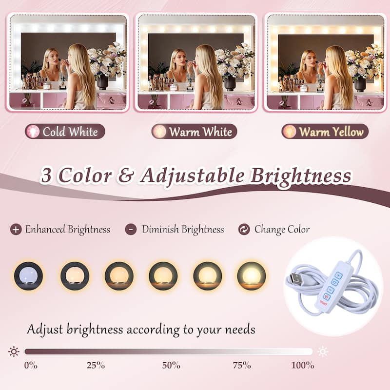 Makeup Vanity with 15 Hollywood Bulbs, 3 Color Lighting Modes Adjustable Brightness
