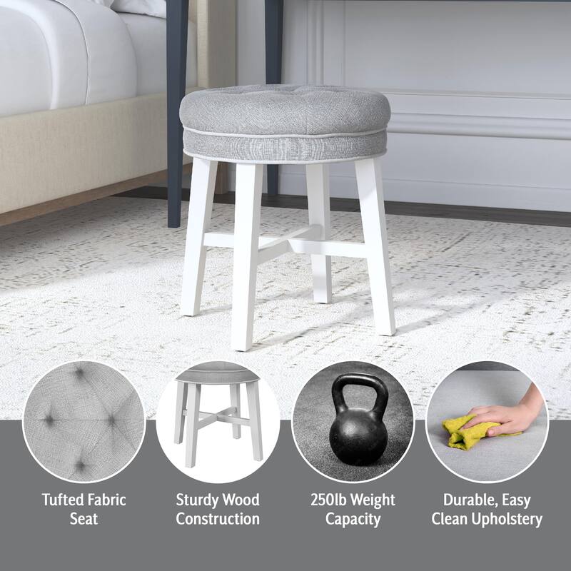 Hillsdale Furniture Sophia Tufted Backless Vanity Stool, White with Linen Gray Fabric - White & Linen Gray - 16" x 16" x 18"