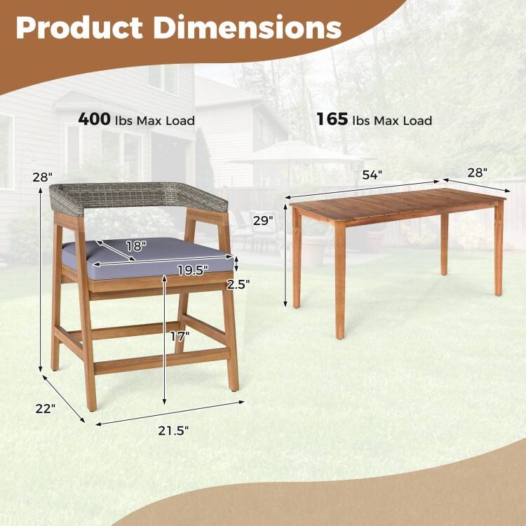 Mix Grey Rattan Wood 5 Piece Patio Dining Set with Cushions - Table: 54" x 28" x 29"