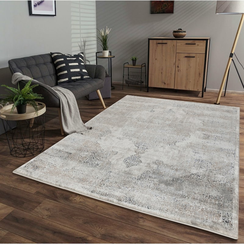 Omari Collection Grey/Blue Abstract Traditional Area Rug