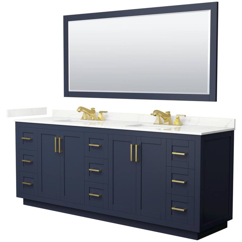 Wyndham Collection WCF292984D-QTZ-US3M70 Miranda 84" Free Standing - Dark Blue / Giotto Quartz Top / Brushed Gold