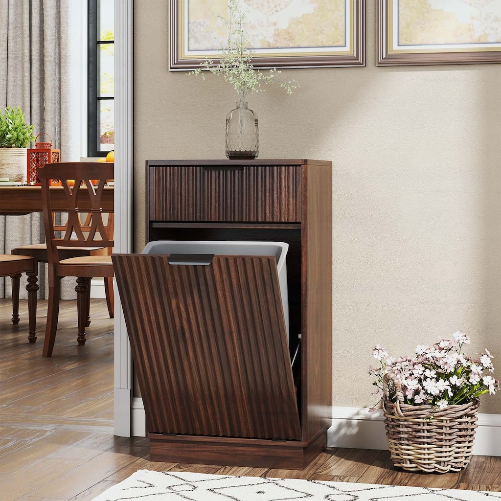 Tilt-Out Trash Can Cabinet with Wave-Textured Hideaway Drawer and Pull-Out Bin,for Living Room