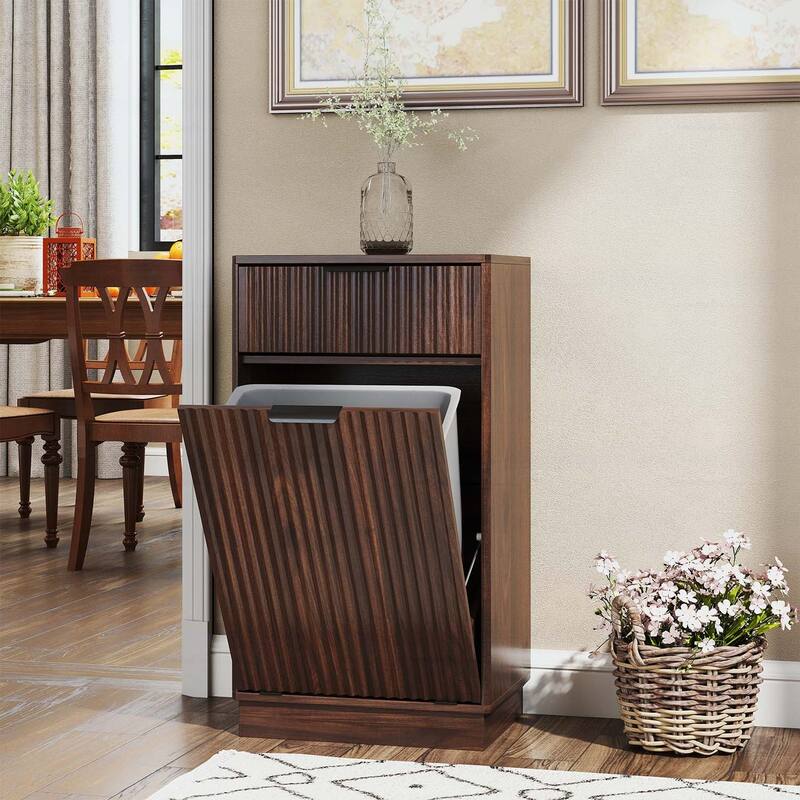 Wood Tilt-Out Trash Can Cabinet with Wave-Textured Hideaway Drawer and Pull-Out Bin,