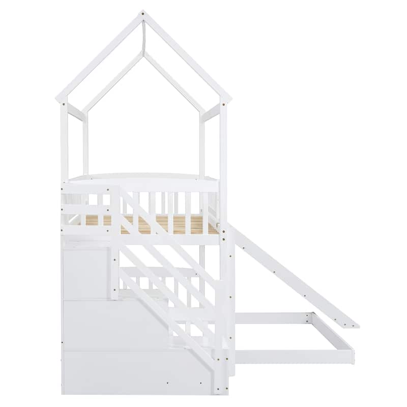 Twin over Twin Pine Wood Bunk Bed with Two Drawers and Slide