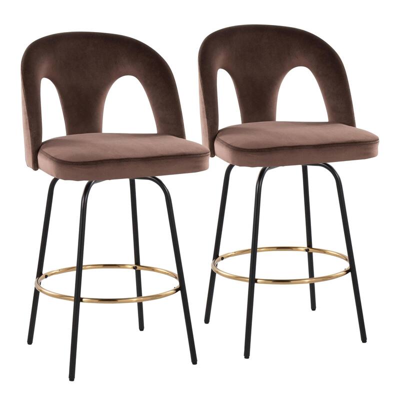 Porch & Den Ashton Upholstered 26" Black Counter Stool with Metal Legs & Gold Footrest (Set of 2)