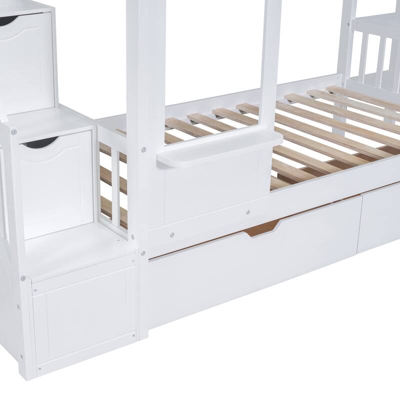 Twin Over Twin Pine Castle Bunk Bed with Slide, Drawers, Shelves, and Staircase
