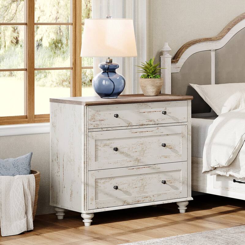WAMPAT 3 Drawer Dresser ,Wood Storage Dresser for Bedroom - rustic white - 3-drawer