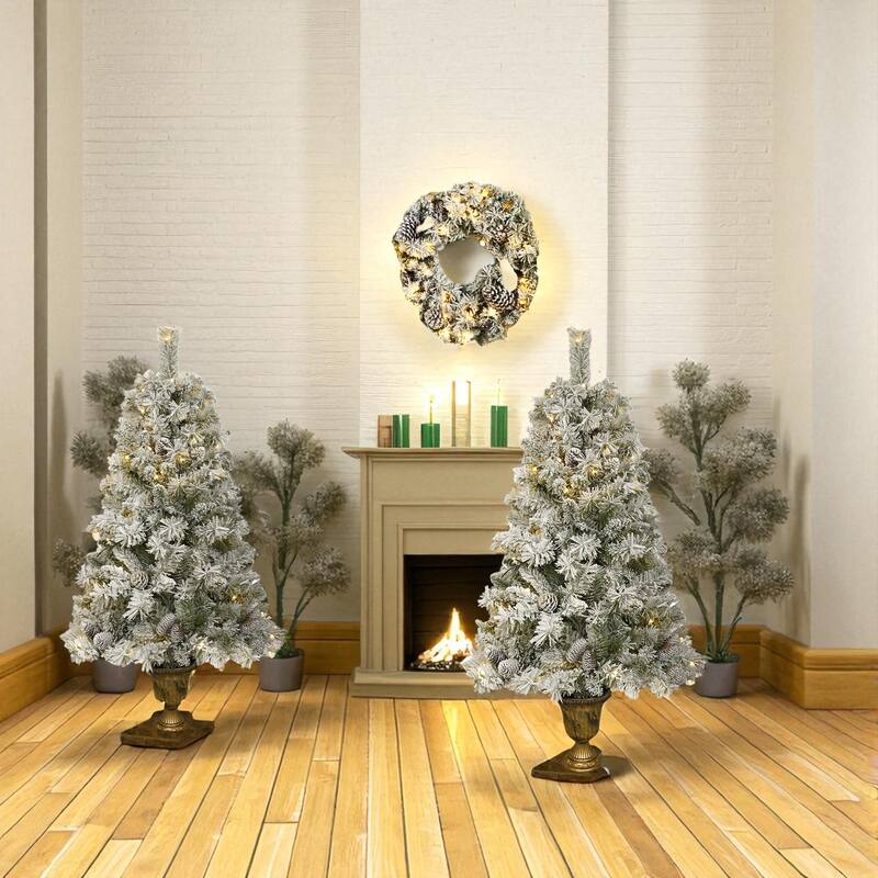 Pre-Lit Christmas 4-Piece Set with LED Lights, Garland, Wreath and 2 Entrance Trees, 325 Lights PVC Holiday Decor