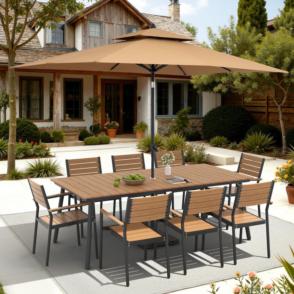 11-Piece Outdoor Dining Set 8 Stackable Chairs and Aluminum Table w/ 10 ft Umbrella and Base Stand