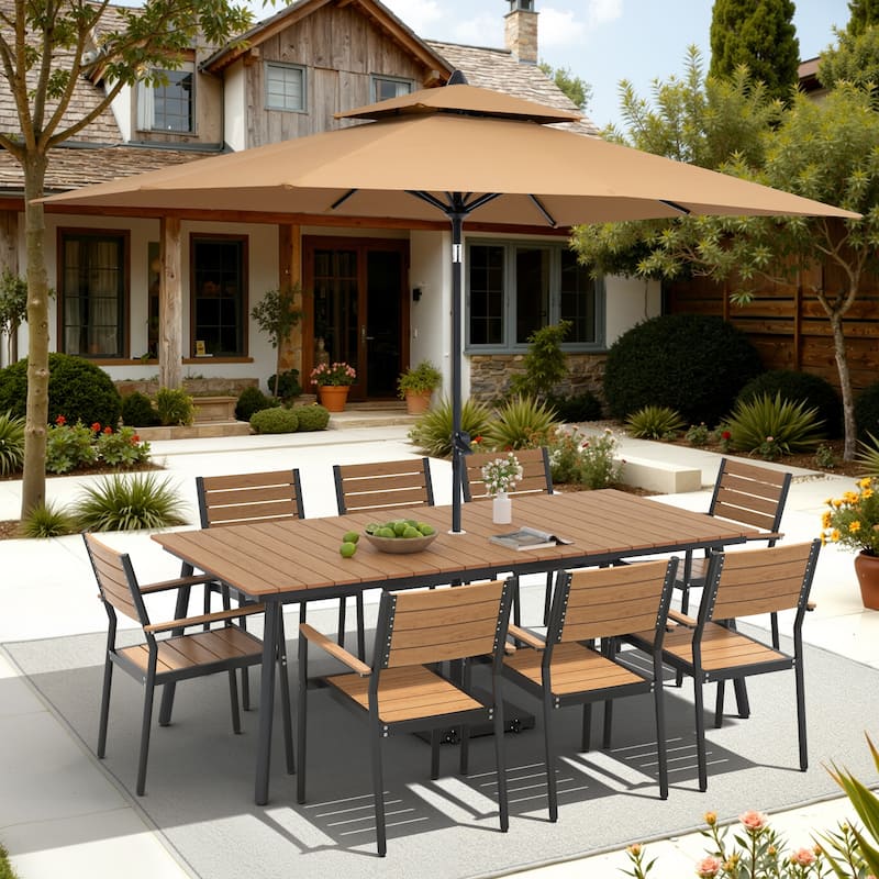 11-Piece Outdoor Dining Set 8 Stackable Chairs and Aluminum Table w/ 10 ft Umbrella and Base Stand - Brown Table with Tan Umbrella