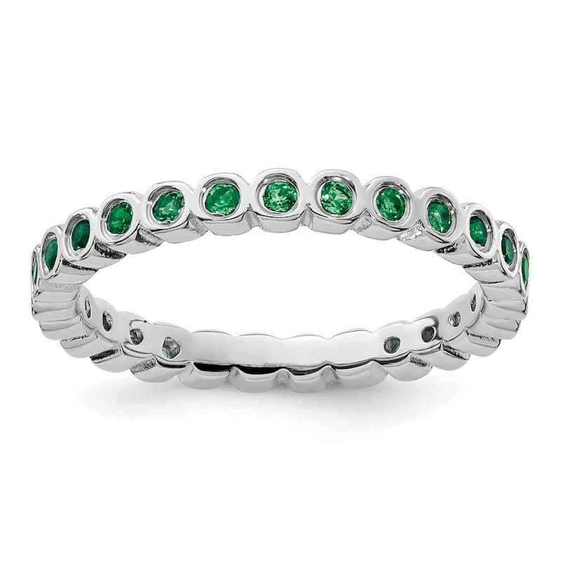 Curata 925 Sterling Silver Bezel Polished Patterned Stackable Expressions Created Emerald Ring