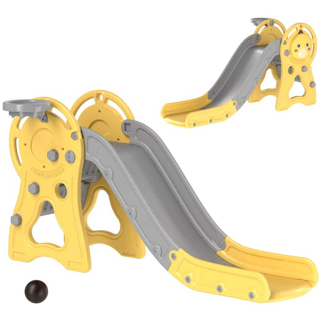 Toddler Slide, 3 in 1 Slide for Kids Ages 1-3 Years, Indoor Slide with Basketball Hoop, Climber, Duck Pattern, Yellow