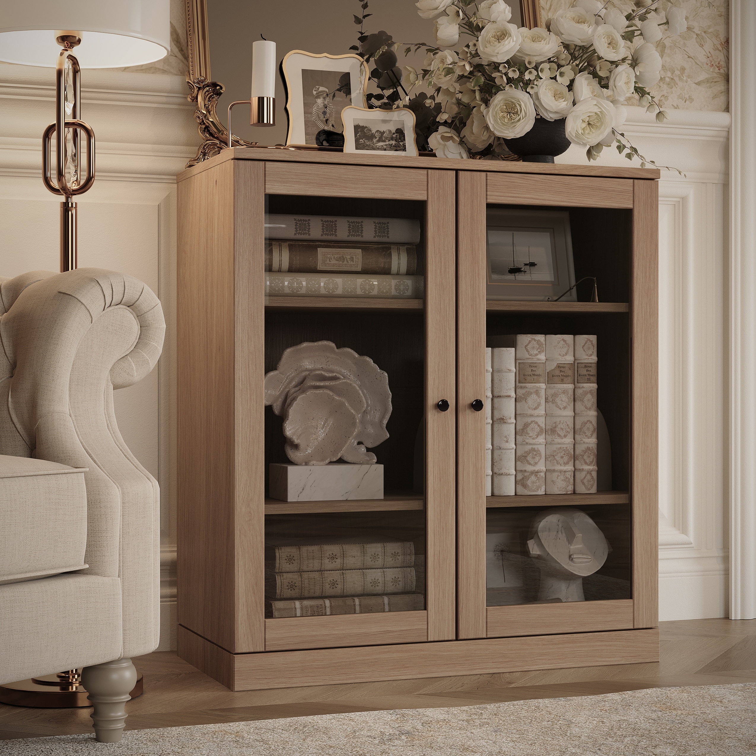 Palace Imports Premium 100% Solid European Oak Hardwood 3-Shelf Modular Bookcase with Tinted Glass Doors - 32" Wide, 35.75" Tall