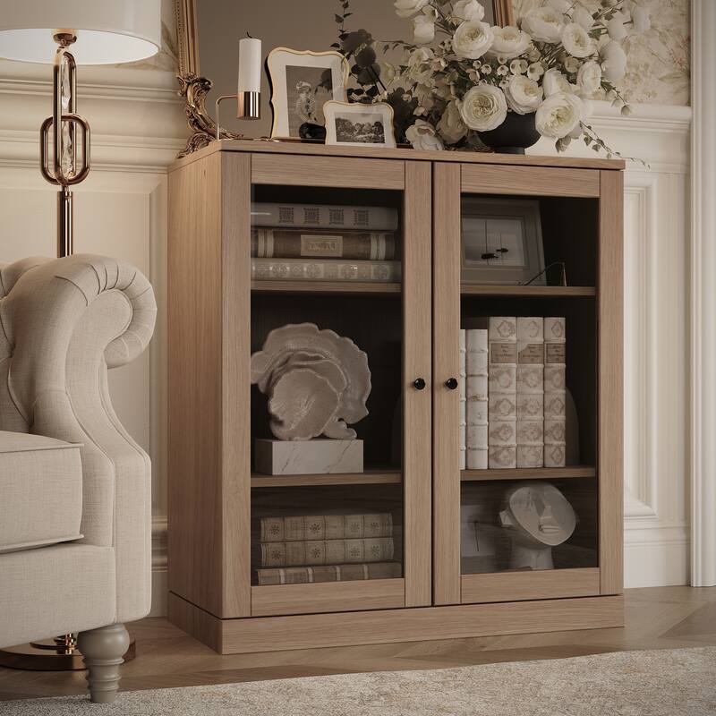 Palace Imports Premium 100% Solid European Oak Hardwood 3-Shelf Modular Bookcase with Tinted Glass Doors - 32" Wide, 35.75" Tall - Natural Oak