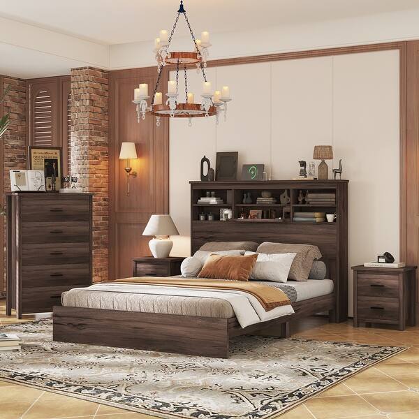 4-Pieces Bedroom Sets Vintage Bed Frame with 2 Nightstands and 1 Dresser