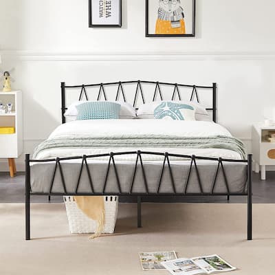 VECELO Metal Platform Bed Frame Twin Full Queen Size, Heavy Duty No Box Spring Needed Bed with Headboard, 13.7" Storage, Black