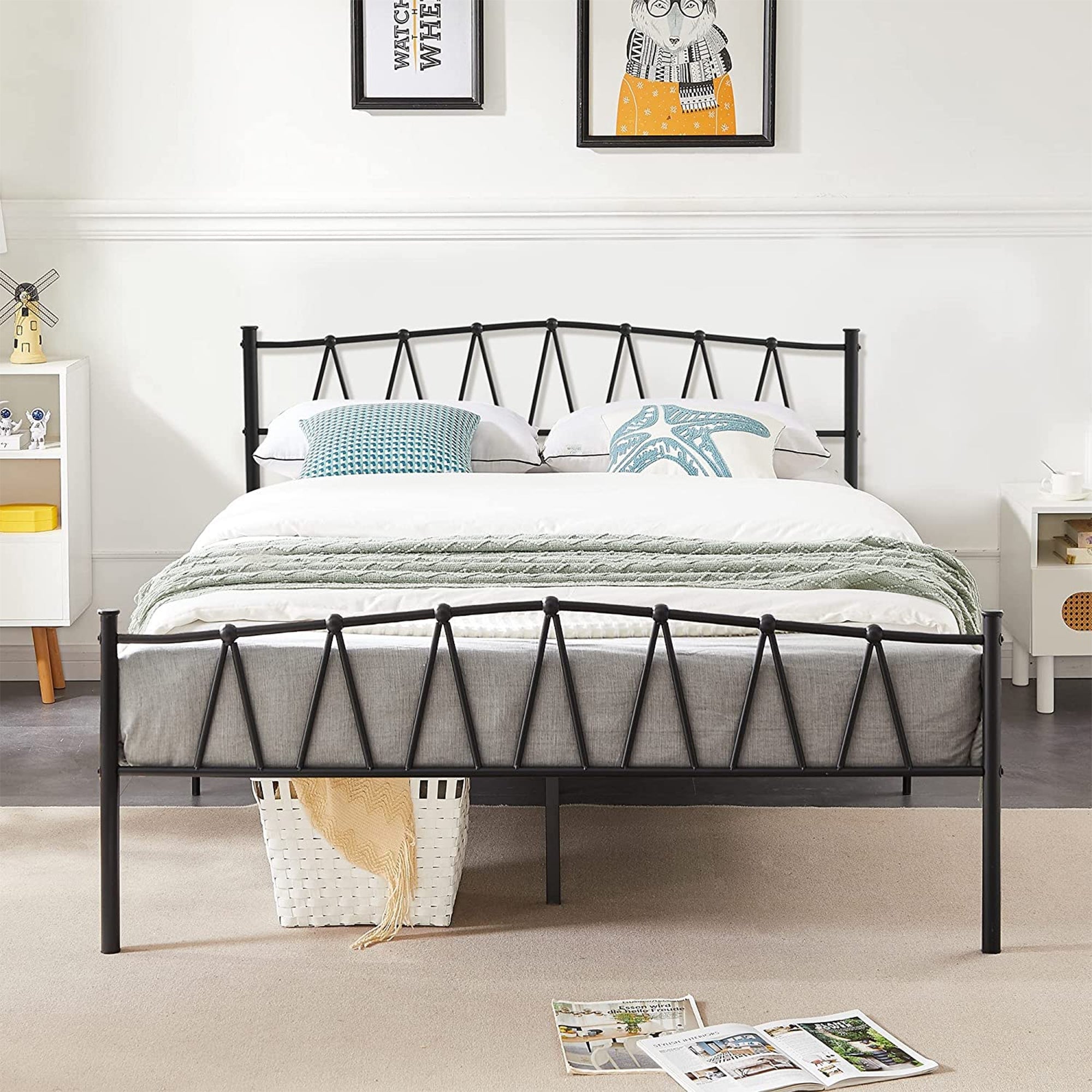 VECELO Metal Platform Bed Frame Twin Full Queen Size, Heavy Duty No Box Spring Needed Bed with Headboard, 13.7" Storage, Black