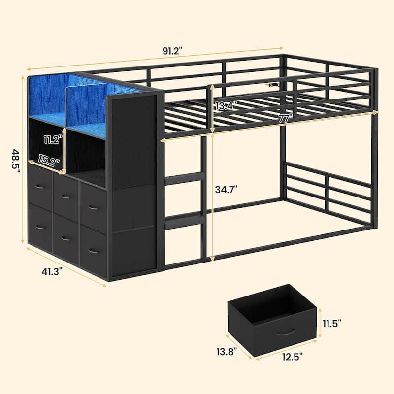Twin Size Low Loft Bed 6 Fabric Storage Drawers LED Lights Twin Over Twin Bunk Bed