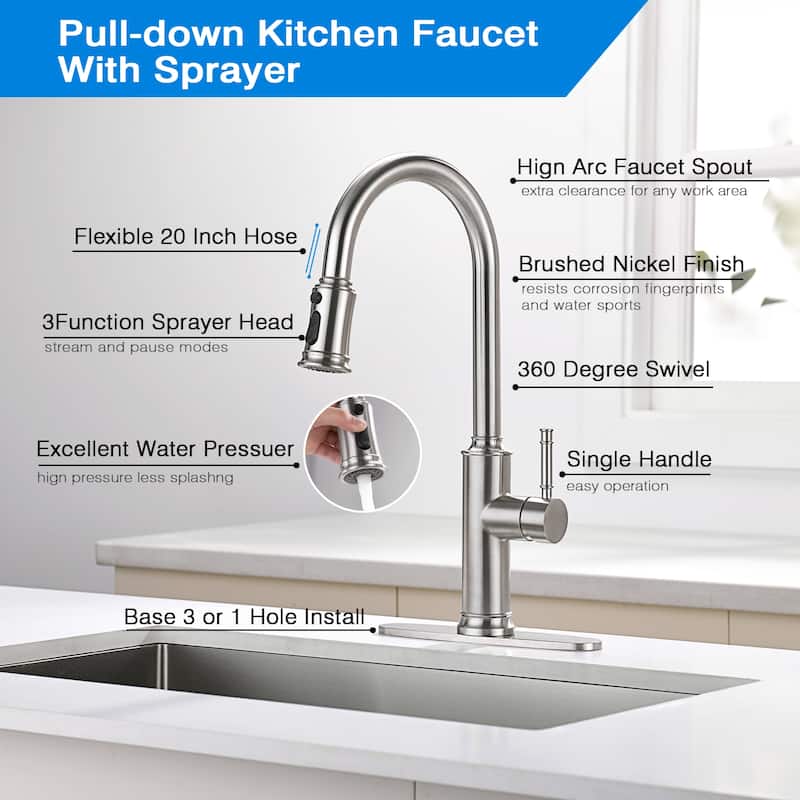 Single Handle Pull Down Sprayer Kitchen Faucet in Brushed Nickel
