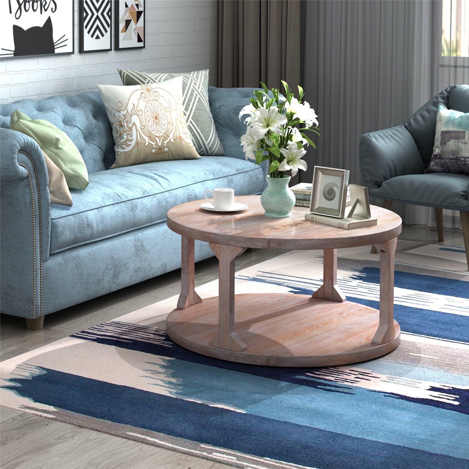 Round Coffee Table Solid Wood Mdf Table For Living Room