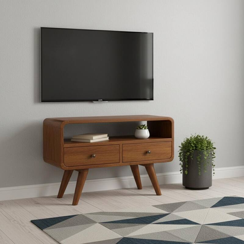 HomeRoots 24" Chestnut Solid Wood Enclosed and Open Storage TV Stand - 23.60 in. x 17.70 in. x 11.80 in. - Chestnut - 23.60 in. x 17.70 in.  x 11.80 in.