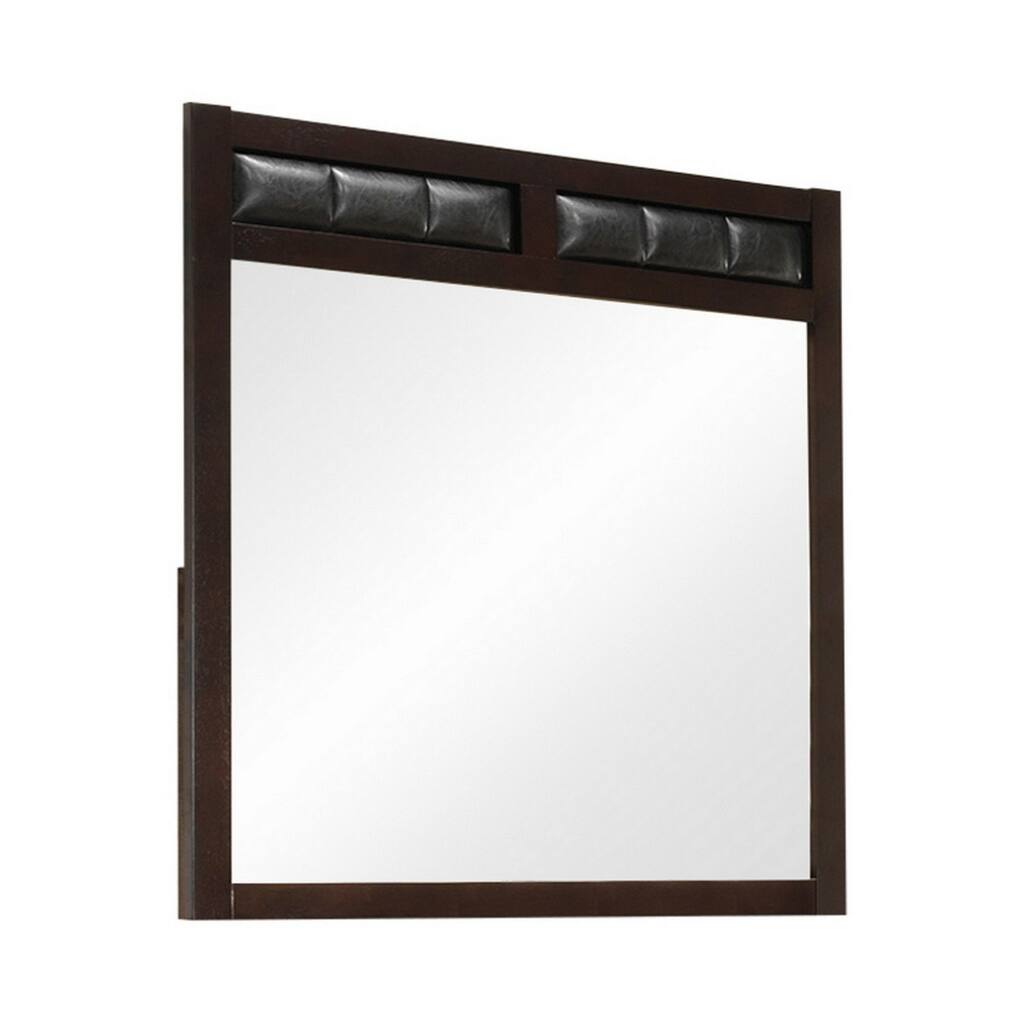 Rectangular Wooden Frame Mirror with Leatherette Panels, Brown