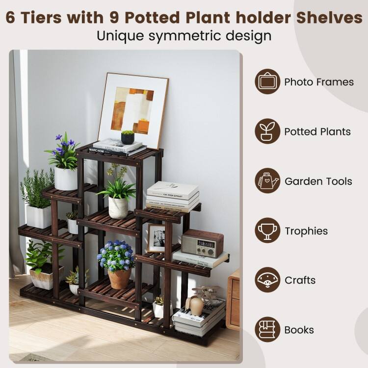 Brown Pine Wood 6-Tier Plant Stand with 9 Shelves for Indoor and Outdoor - 47" x 10" x 38"