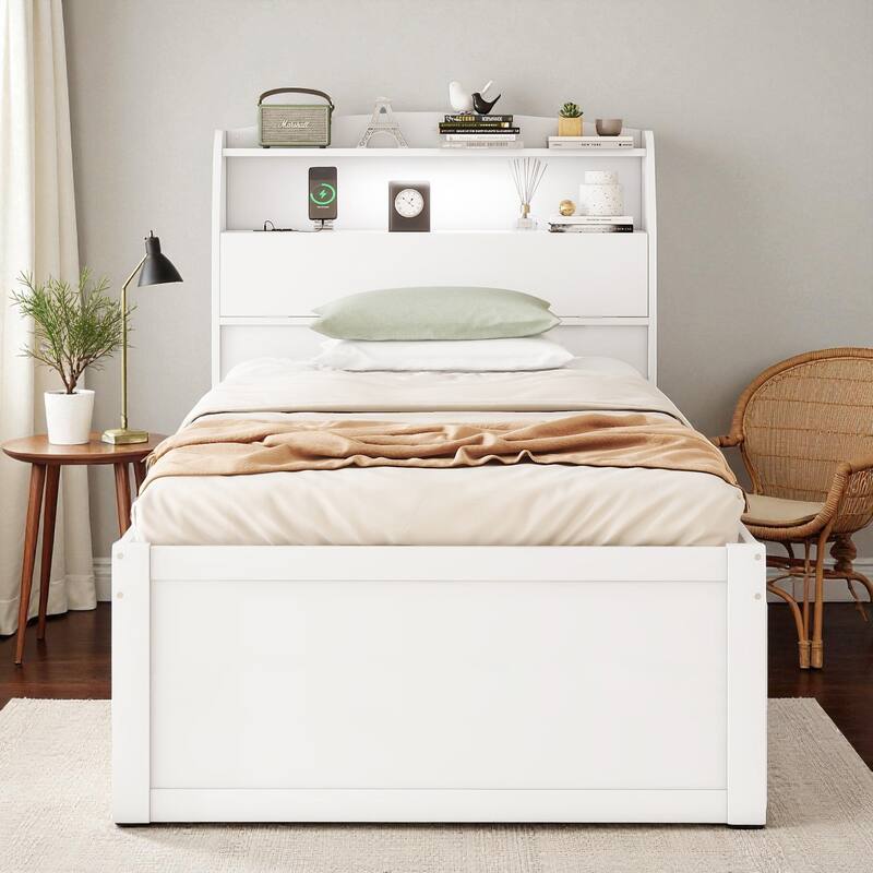 Twin LED Platform Bed with Trundle, Storage Headboard & Drawers, Wooden Kids/Teens Bed with USB Charging Ports