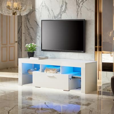 White TV Stand with LED Lights and Storage, Fits up to 55" TVs