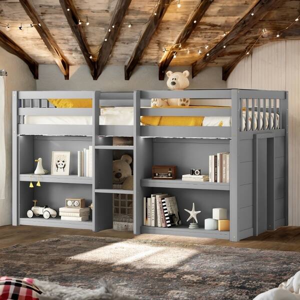 slide 2 of 7, Twin Size Low Loft Bed with Two-Tier Shelves, LED Light, and Built-In Playroom for Kids