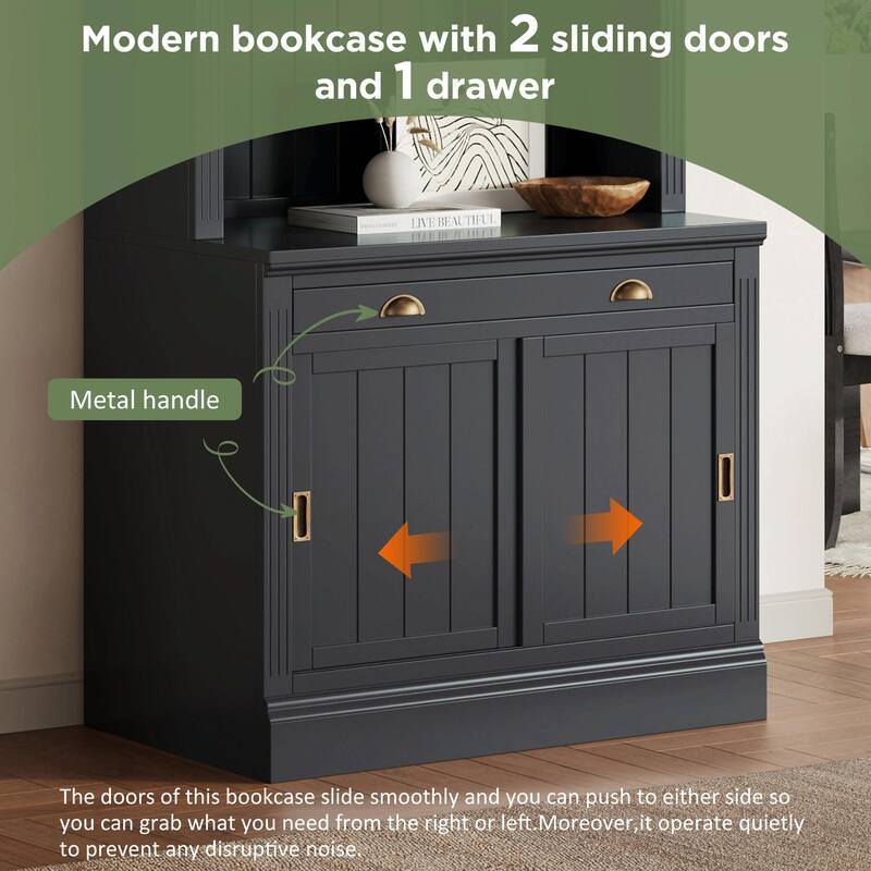 83.4" Tall Bookshelf, Modern Bookcase with Sliding Doors & Open Shelves